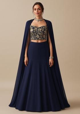 Navy Blue Embroidered Blouse Georgette Lehenga Set