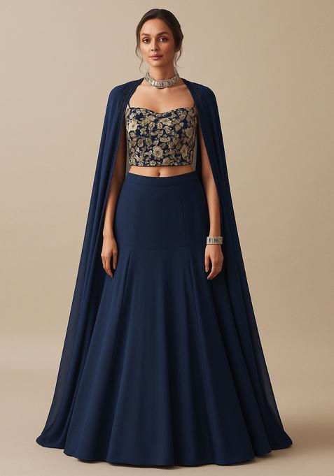 Navy Blue Embroidered Blouse Georgette Lehenga Set