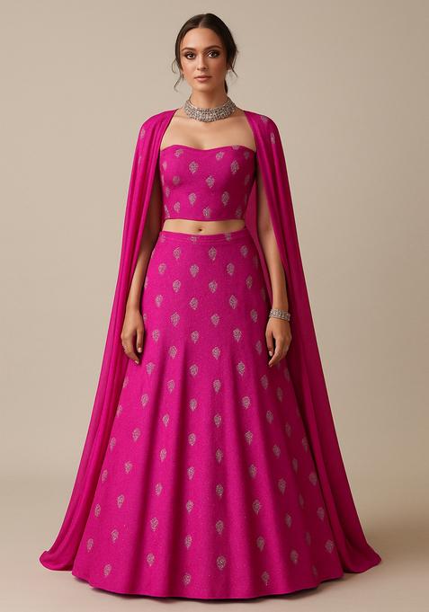 Rani Pink Embroidered Chanderi Lehenga Set