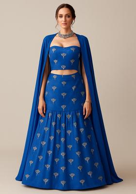 Blue Embroidered Chanderi Lehenga Set