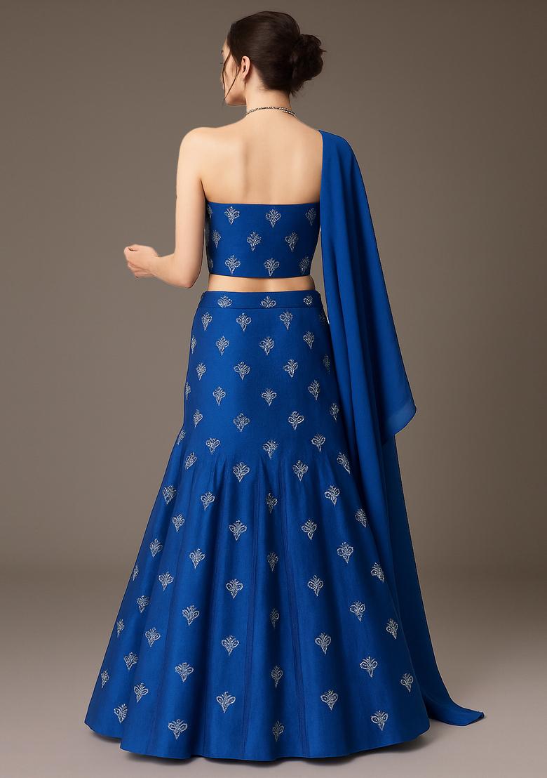 Blue Embroidered Chanderi Lehenga Set