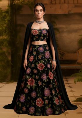 Black Printed Organza Lehenga Set