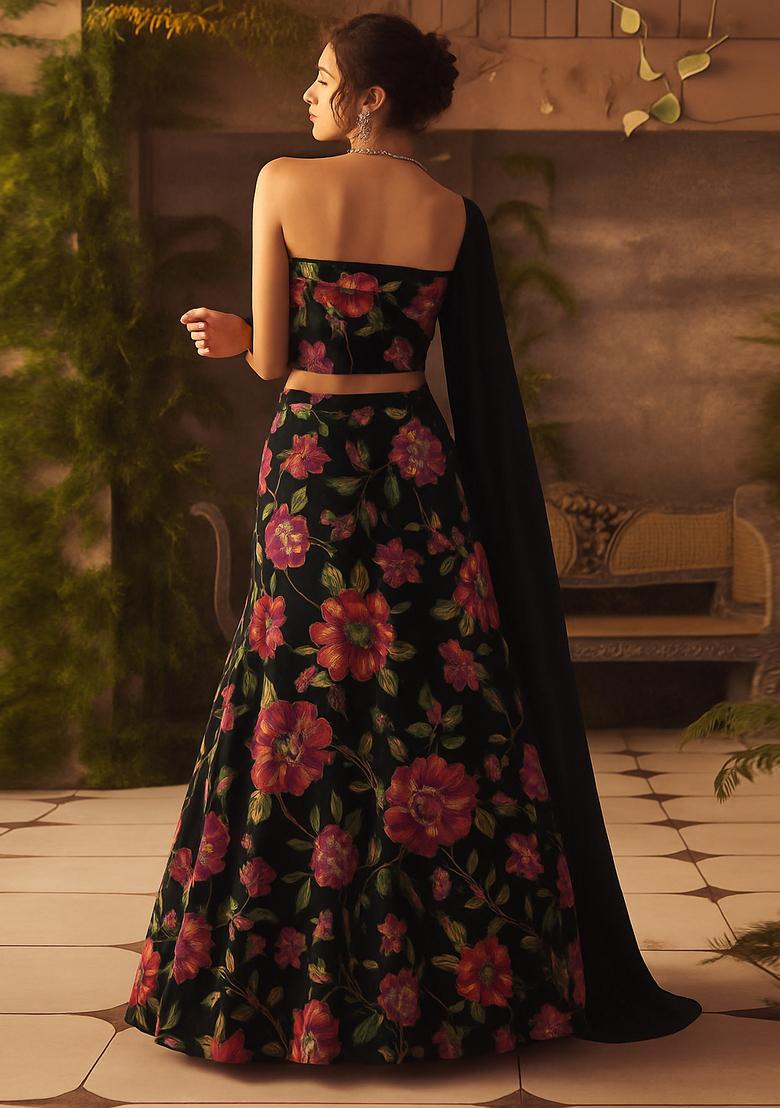Black Printed Organza Lehenga Set