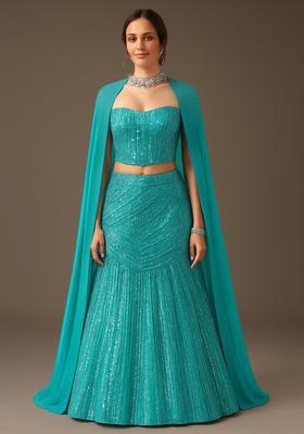 Powder Blue Sequin Embellished Net Lehenga Set