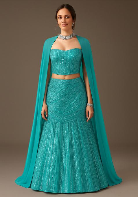 Powder Blue Sequin Embellished Net Lehenga Set
