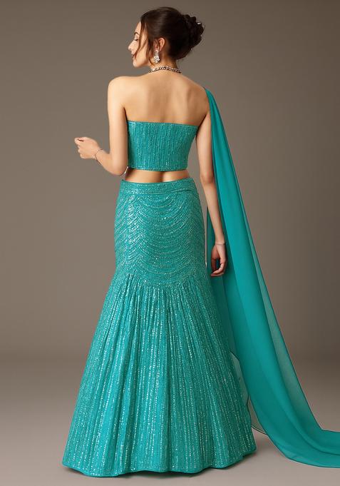 Powder Blue Sequin Embellished Net Lehenga Set