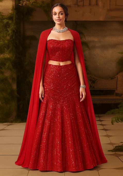 Red Sequin Embellished Net Lehenga Set