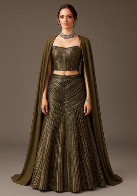 Black And Golden Self Design Polyester Lehenga Set