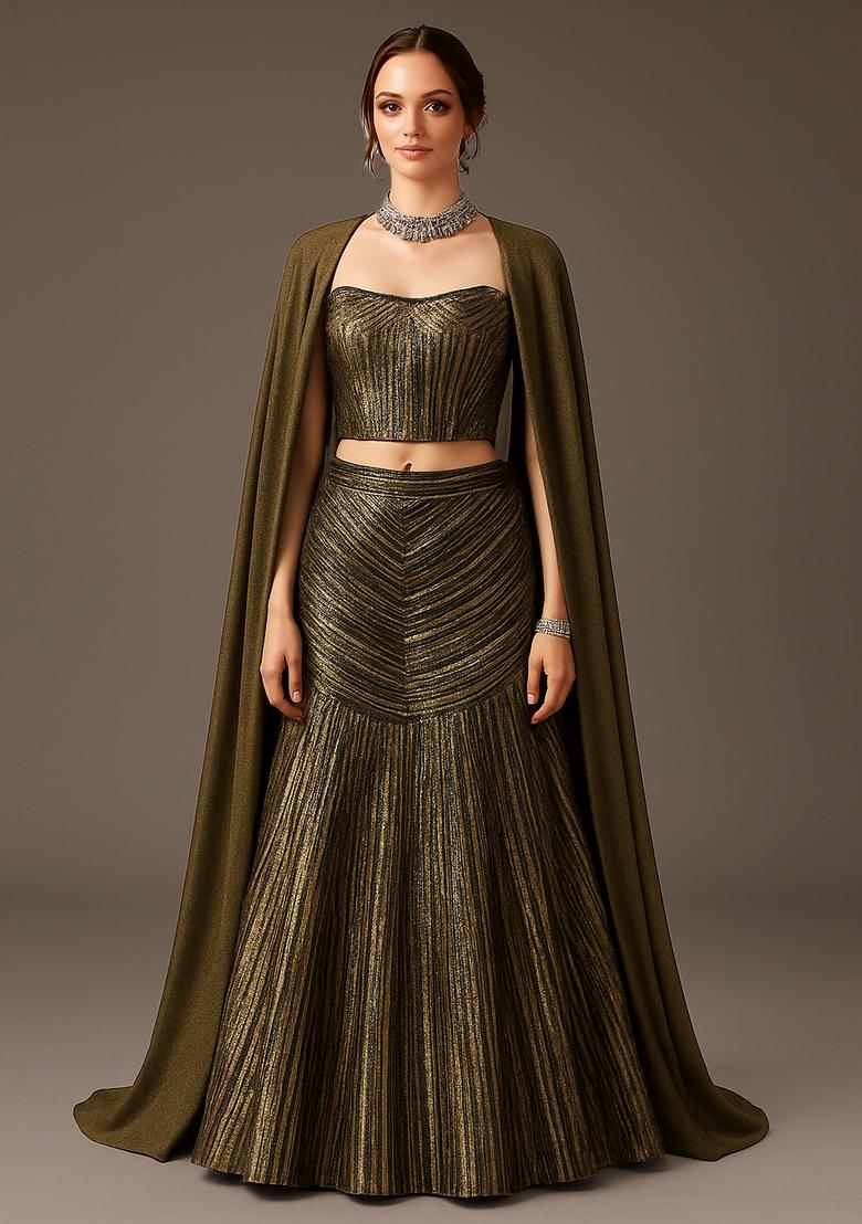 Black And Golden Self Design Polyester Lehenga Set