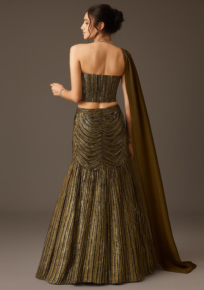 Black And Golden Self Design Polyester Lehenga Set - Indya