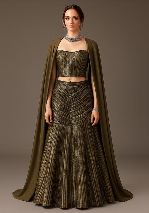 Black And Golden Self Design Polyester Lehenga Set