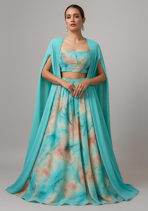 Sky Blue Printed Georgette Lehenga Set