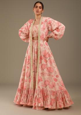 Pink Printed Linen Lehenga Set
