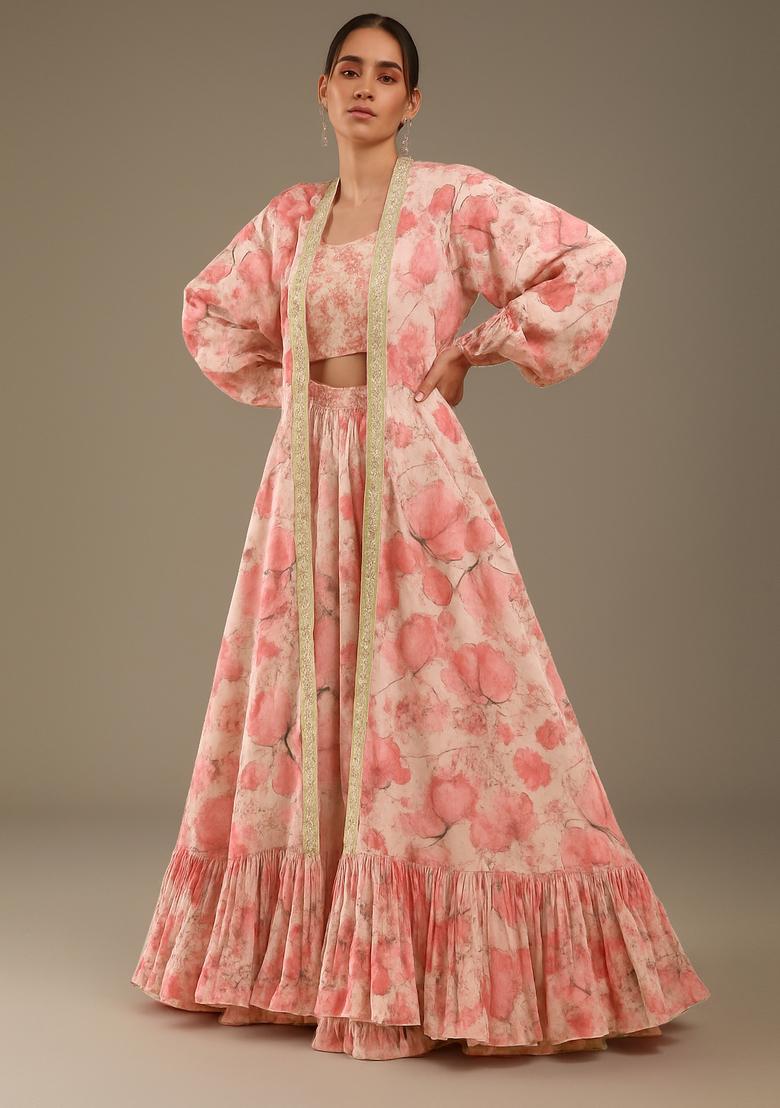 Pink Printed Linen Lehenga Set