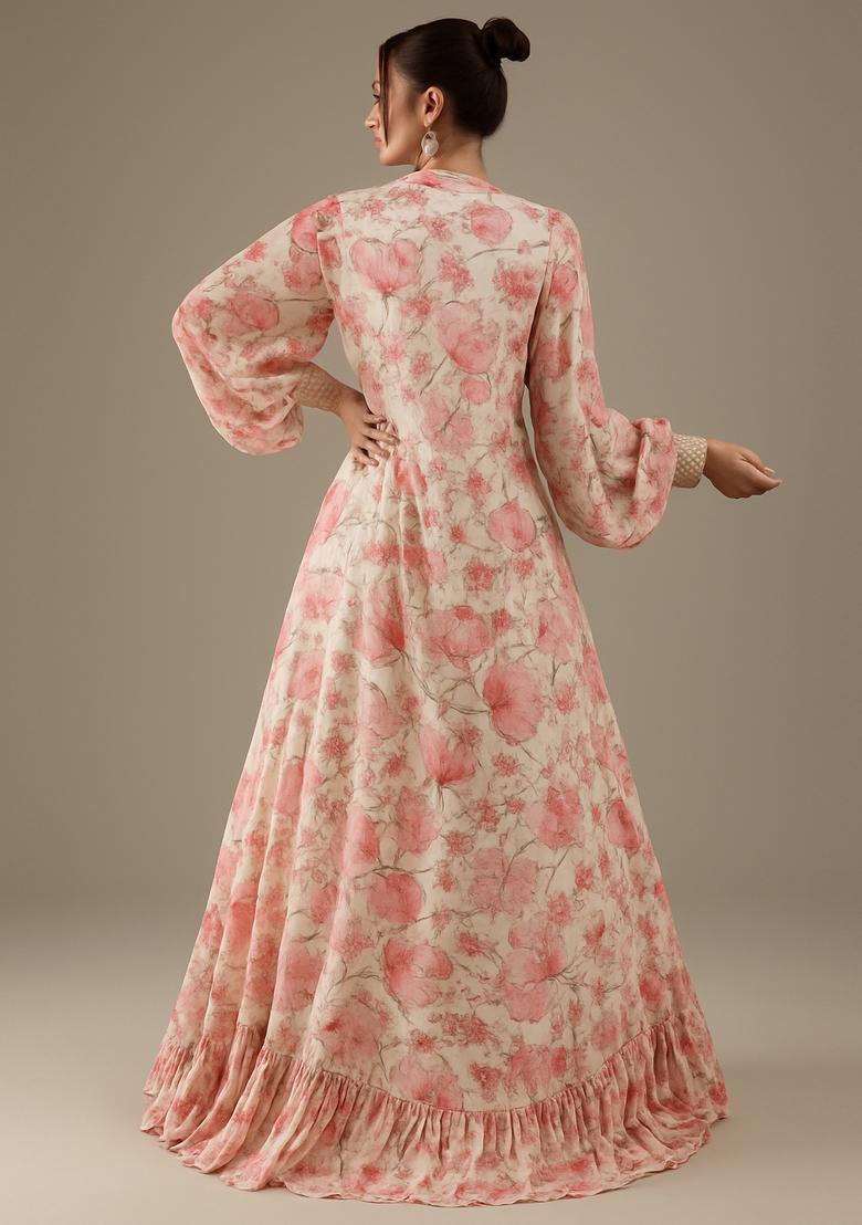 Pink Printed Linen Lehenga Set