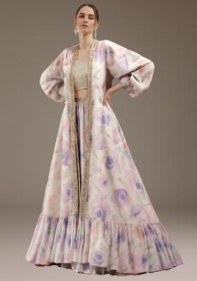 Purple Printed Linen Lehenga Set