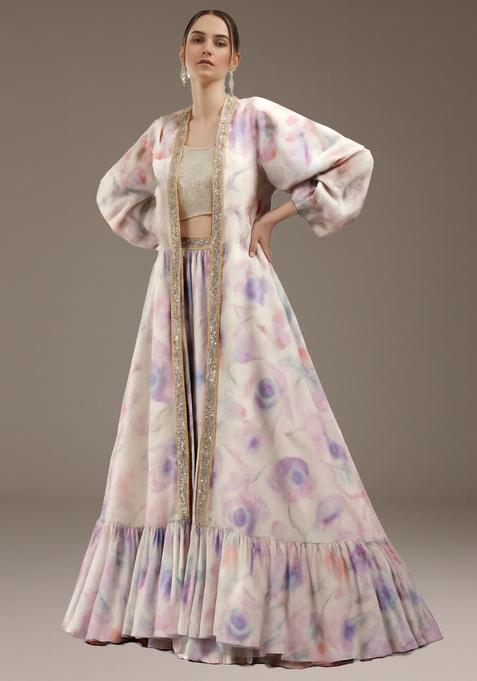 Purple Printed Linen Lehenga Set