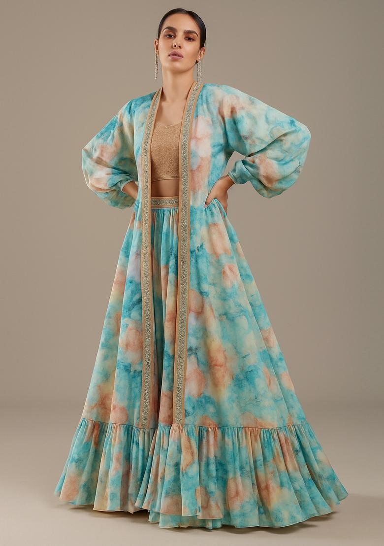 Powder Blue Printed Georgette Lehenga Set