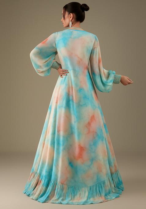 Powder Blue Printed Georgette Lehenga Set