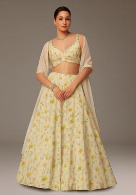 Yellow Printed Satin Lehenga Set