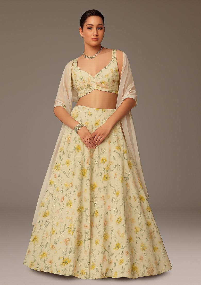 Yellow Printed Satin Lehenga Set
