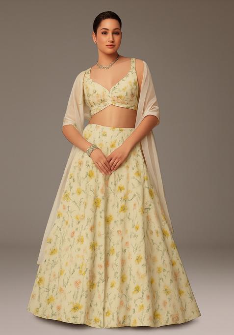 Yellow Printed Satin Lehenga Set