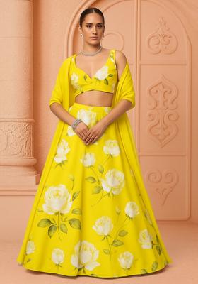 Yellow Printed Satin Lehenga Set