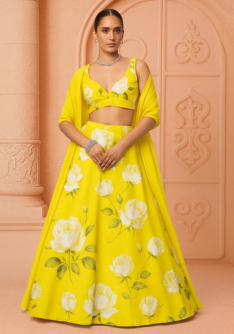 Yellow Printed Satin Lehenga Set