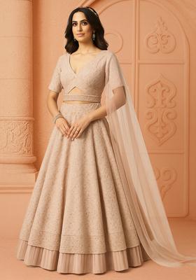 Beige Embellished Chinon Lehenga Set