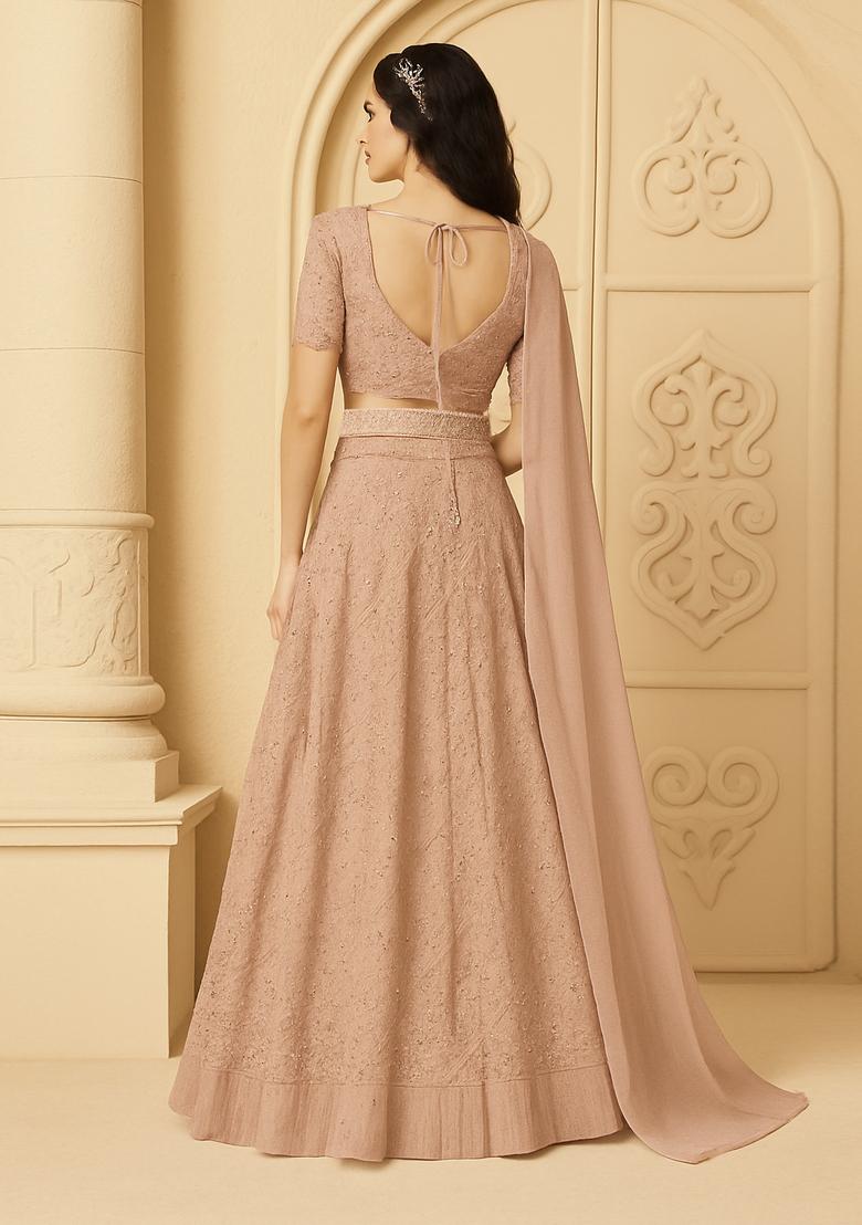 Beige Embellished Chinon Lehenga Set - Indya