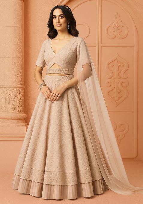 Beige Embellished Chinon Lehenga Set