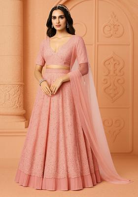 Peach Embellished Chinon Lehenga Set