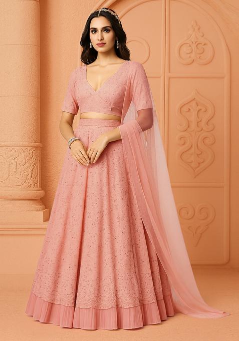 Peach Embellished Chinon Lehenga Set