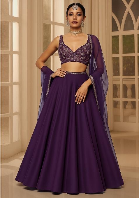 Purple Embroidered Blouse Georgette Lehenga Set