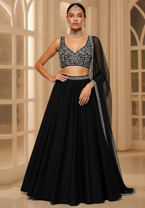 Black Embroidered Blouse Georgette Lehenga Set