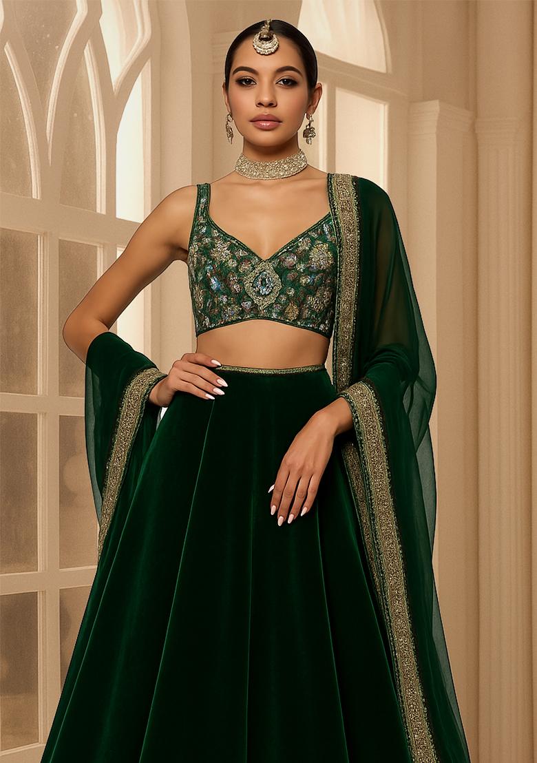 Green Embroidered Blouse Georgette Lehenga Set - Indya