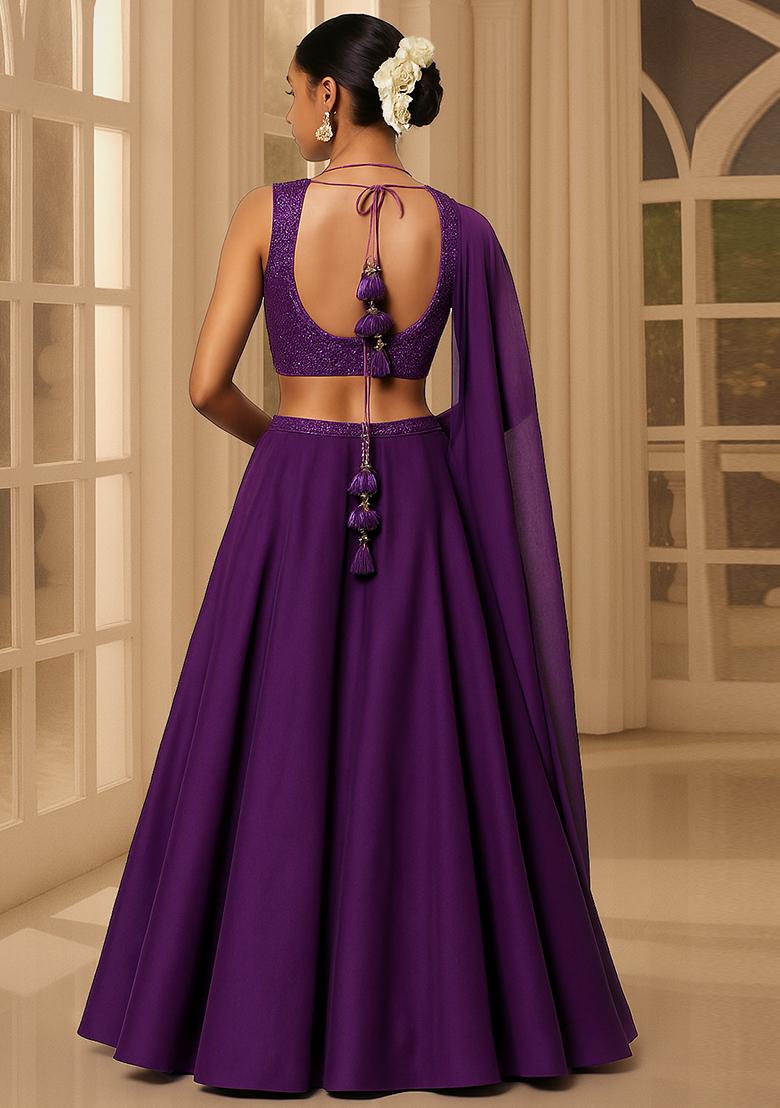 Purple Sequin Embellished Blouse Georgette Lehenga Set - Indya