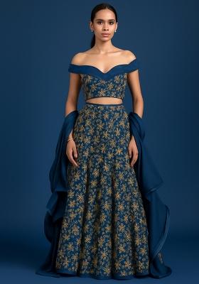 Blue Embroidered Poly Blend Lehenga Set