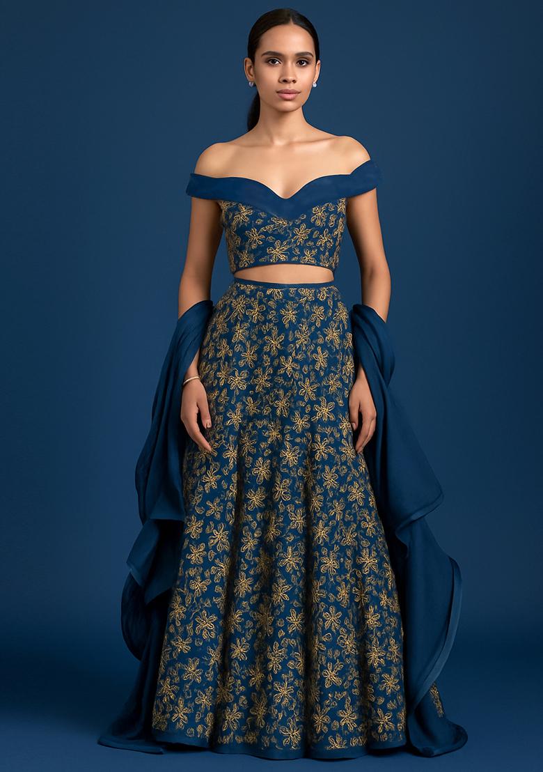 Blue Embroidered Poly Blend Lehenga Set - Indya