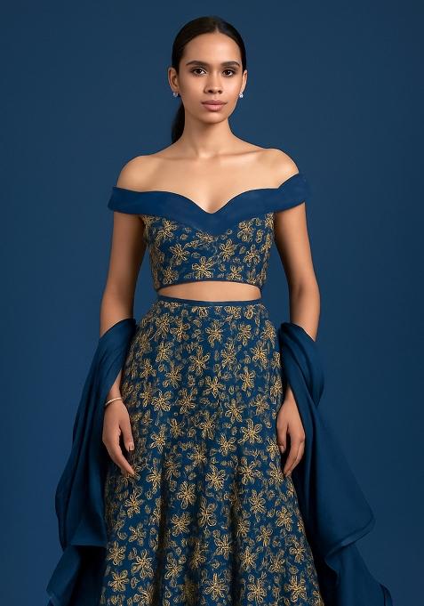 Blue Embroidered Poly Blend Lehenga Set