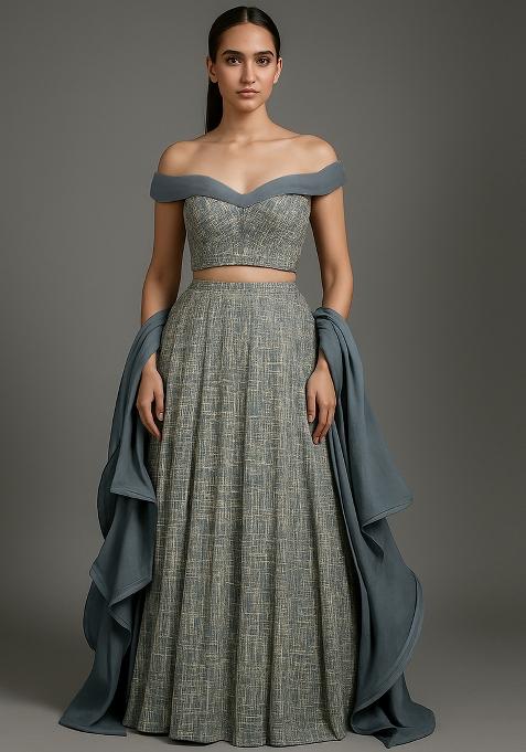 Grey Sequin Embroidered Net Lehenga Set