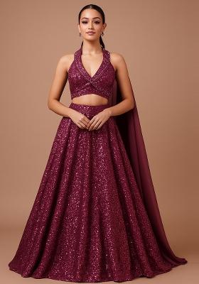 Wine Sequin Embellished Net Lehenga Set