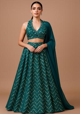 Teal Green Sequin Embroidered Net Lehenga Set
