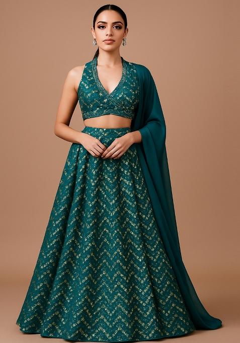 Teal Green Sequin Embroidered Net Lehenga Set