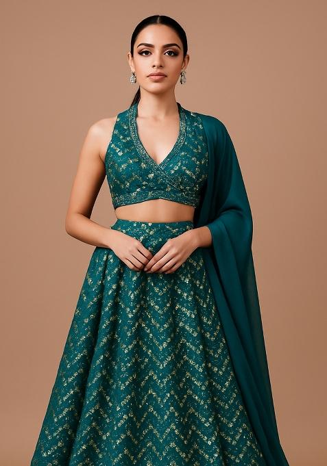 Teal Green Sequin Embroidered Net Lehenga Set
