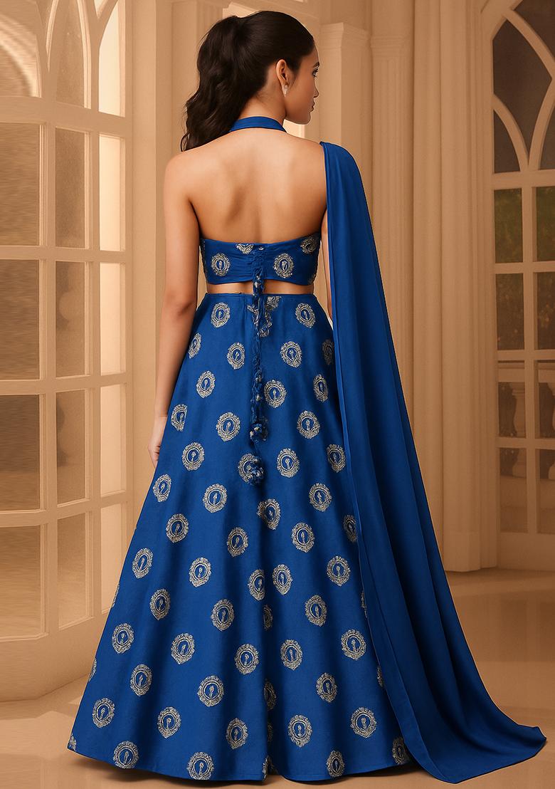 Blue Embroidered Taffeta Silk Lehenga Set - Indya