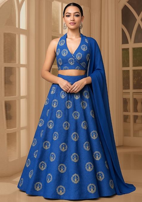 Blue Embroidered Taffeta Silk Lehenga Set