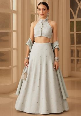Grey Embroidered Chanderi Lehenga Set