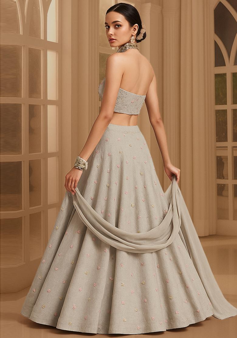 Grey Embroidered Chanderi Lehenga Set - Indya