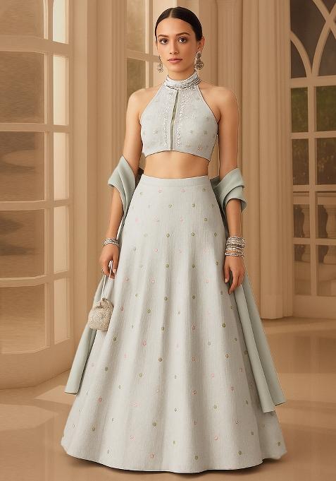 Grey Embroidered Chanderi Lehenga Set